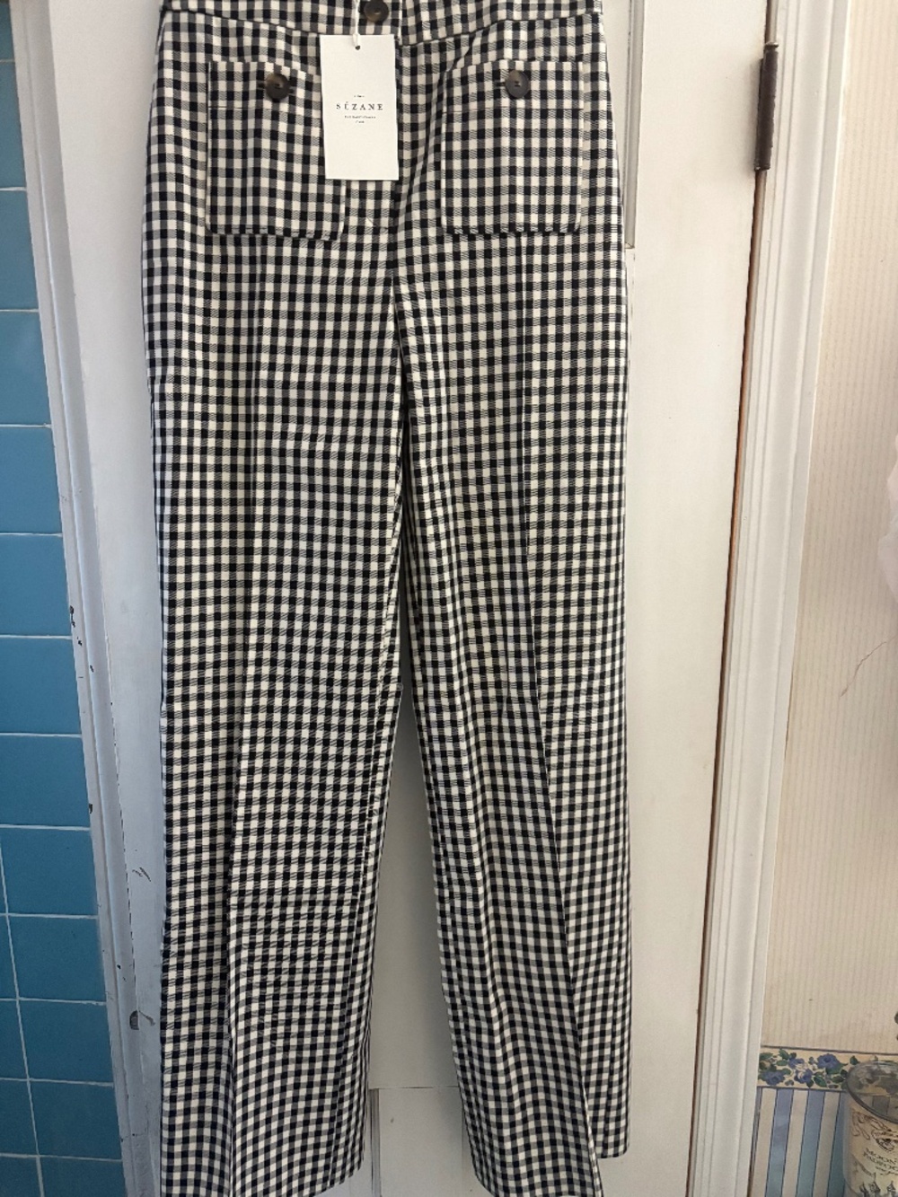Sezane Black and White Gingham Dan Trousers, Size US 4, Brand new with Tags